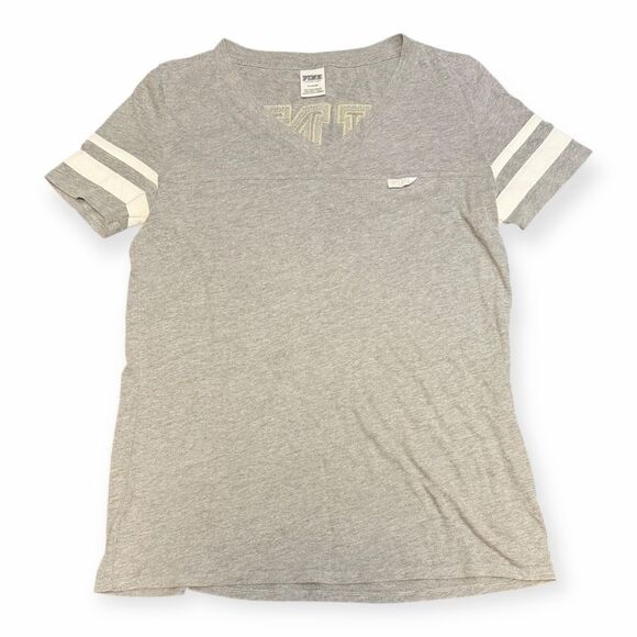 PINK VICTORIA’S SECRET Women’s Gray White Stripe Sleeve V-Neck Tee Size Medium - Picture 1 of 5